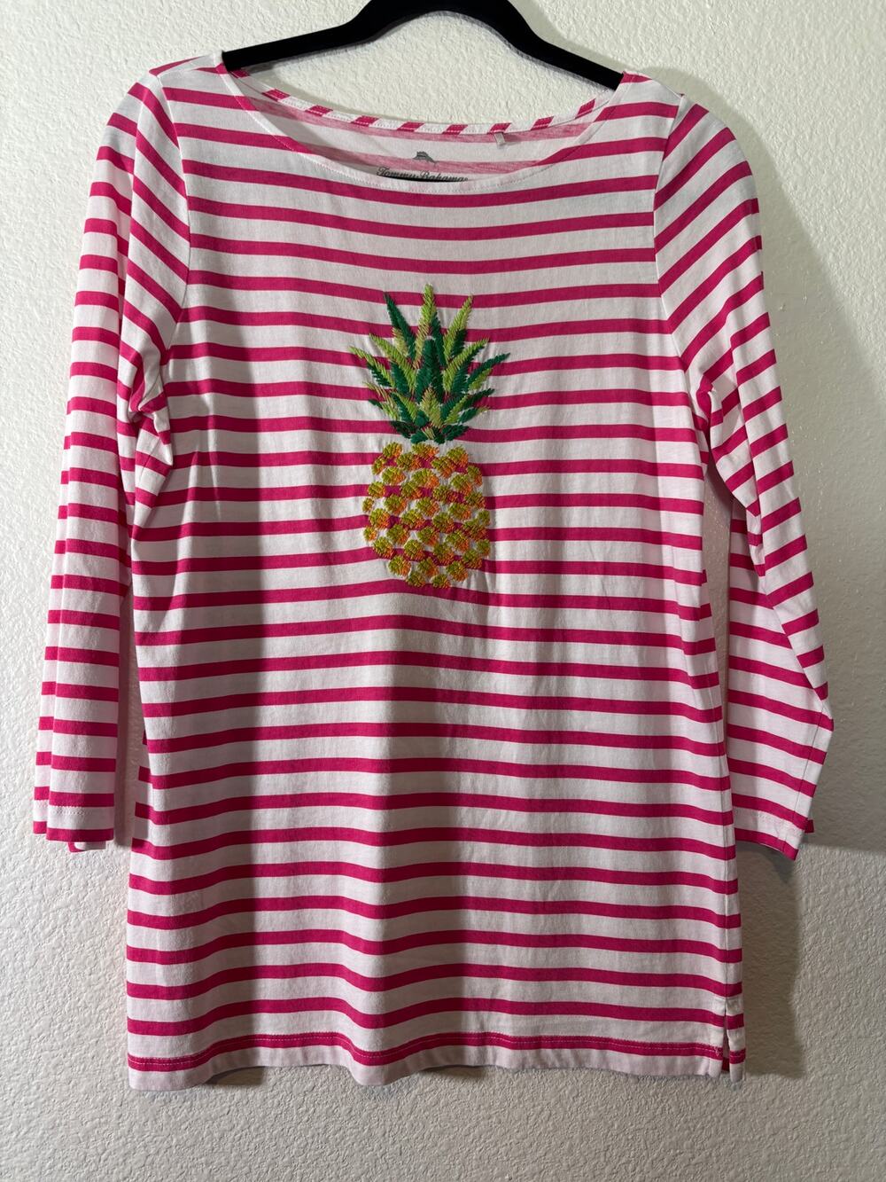 Tommy Bahama Womens Size S Pink White Striped Pineapple 3/4 Sleeves Boatneck Top